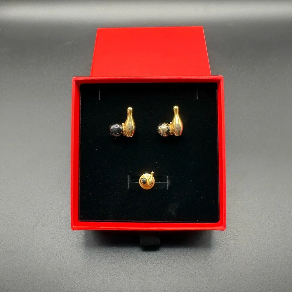 Vintage Anson Bowling Pin Ball Cufflinks Tie Tack Set Gold Tone Novelty Gift